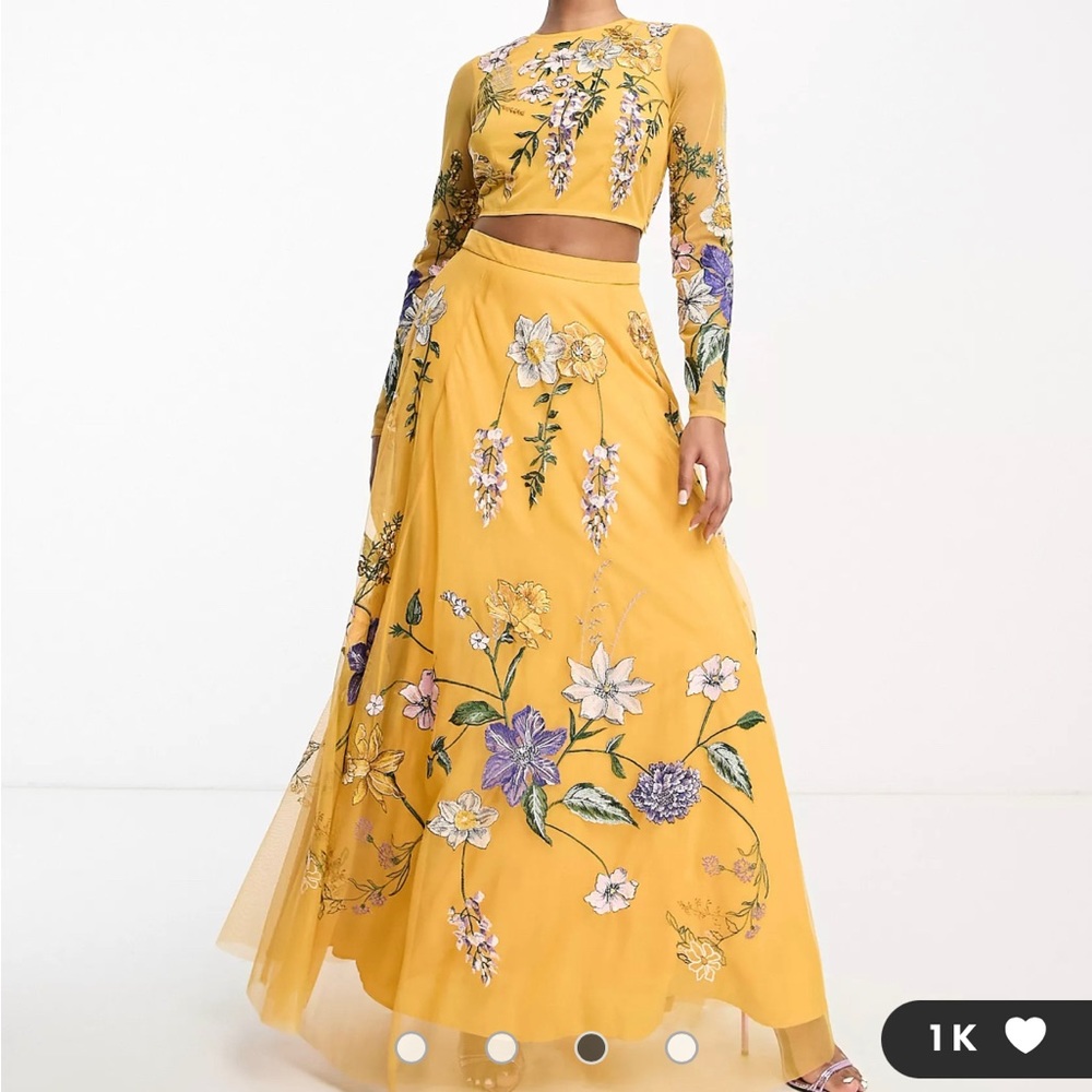 ASOS DESIGN lehenga crop top and maxi skirt (set) wisteria embroidery in mustard
